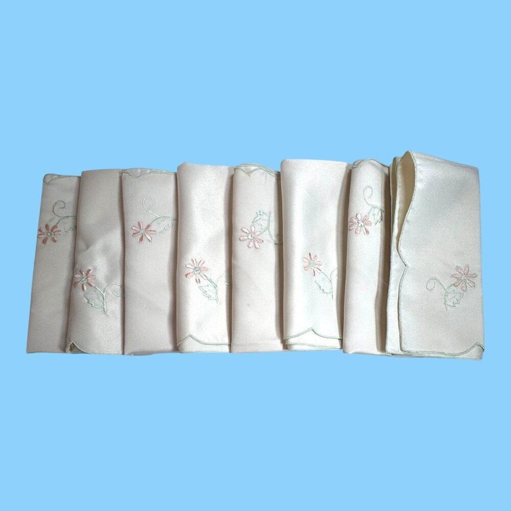 Vintage Set Of 8 White Embroidered Floral Cloth Napkins 17" Elegant Table Decor